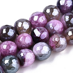 Colorful Electroplate Natural Agate Beads Strands, Dyed, Faceted, Pearl Luster Plated, Round, Colorful, 10.5mm, Hole: 1.2mm, about 36~37pcs/strand, 14.37 inch~14.57 inch(36.5cm~37cm)