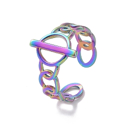 Rainbow Color Ion Plating(IP) 304 Stainless Steel Buckle Shape Open Cuff Ring, Hollow Finger Ring for Women, Rainbow Color, US Size 7 3/4(17.9mm)