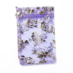 Medium Purple Organza Drawstring Jewelry Pouches, Wedding Party Gift Bags, Rectangle with Gold Stamping Rose Pattern, Medium Purple, 15x10x0.11cm