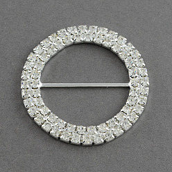 Silver Shining Ring Wedding Invitation Ribbon Buckles, Brass Grade A Crystal Rhinestone Garment Dress Slide Buckles, Silver Color Plated, 19x2.5mm, Hole: 10x4mm