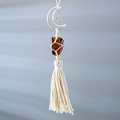 Tiger Eye Hanging Moon Star Braided Macrame Ornaments, Tumbled Tiger Eye Pendant Decorations, with Cotton Tassel, 230mm