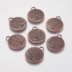 Red Copper Tibetan Style Alloy Tree of Life Pendants, Lead Free & Cadmium Free & Nickel Free, Flat Round, Red Copper, 28x24x2mm, Hole: 4.5x2mm