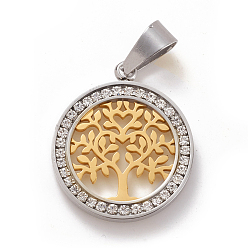 Golden & Stainless Steel Color 304 Stainless Steel Pendants, with Crystal Rhinestone, Flat Round with Tree, Golden & Stainless Steel Color, 28x24x3mm, Hole: 5x8mm