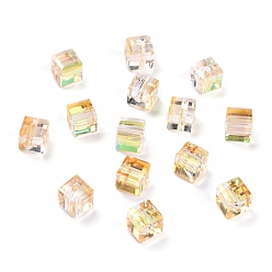 Light Yellow Electroplate Transparent Glass Beads, Faceted Cube, Rainbow Plated, Light Yellow, 6x6x6mm, Hole: 1.8mm