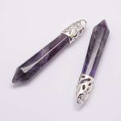 Amethyst Natural Amethyst Big Pointed Pendants, with Alloy Findings, Bullet, Platinum, 57~63x13x10mm, Hole: 3x4mm