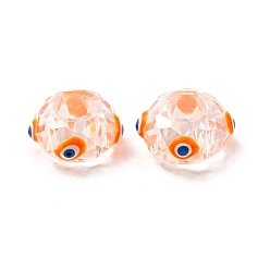 Orange Transparent Glass European Beads, Large Hole Beads, with Enamel, Faceted, Rondelle with Evil Eye Pattern, Orange, 14x8mm, Hole: 6mm
