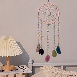 Rose Quartz Natural Rose Quartz & Agate Window Hanging Pendant Decorations, with Leather Cord & Glass & Iron Ring, Woven Web/Net, 500mm