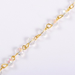 Clear Handmade Rondelle Glass Beads Chains for Necklaces Bracelets Making, with Golden Iron Eye Pin, Unwelded, Clear, 39.3 inch, Glass Beads: 6x4mm