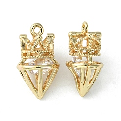 Light Gold Brass Cubic Zirconia Pendants, 3D Crown & Diamond Charm, Light Gold, 17x10x9mm, Hole: 1.2mm