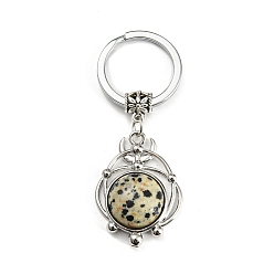 Jaspe Dalmate Porte-clés pendentif en jaspe dalmatien naturel, plat rond, avec les accessoires en laiton, argent antique et platine, 65~66mm