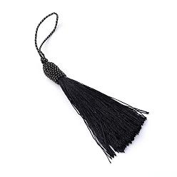 Negro Decoraciones de poliéster borla, decoraciones colgantes, con cuerda metálica, negro, 95~101x11~12 mm