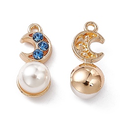 Sapphire Alloy Rhinestone Pendants, with ABS Imitation Pearl Beads, Moon Charm, Golden, Sapphire, 19x8x8.5mm, Hole: 1.4mm