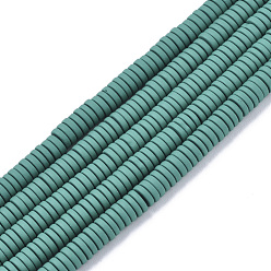 Teal Spray Painted Non-magnetic Synthetic Hematite Beads Strands, Heishi Beads, Flat Round/Disc, Teal, 4x1mm, Hole: 0.8mm, about 335~340pcs/strand, 15.75 inch(40cm)