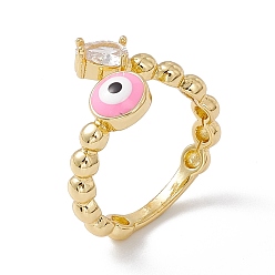 Pink Clear Cubic Zirconia Teardrop & Enamel Evil Eye Open Cuff Ring, Real 18K Gold Plated Brass Jewelry for Women, Lead Free & Cadmium Free, Pink, US Size 5 1/4(15.9mm)