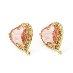 Pink Rack Plating Brass Rhinestone Stud Earring Finding, with Glass, Heart with Vertical Loops, Real 18K Gold Plated, Cadmium Free & Lead Free, Pink, 20.5x17mm, Hole: 1.6mm, Pin: 0.7mm