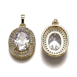 Clear Golden Plated Brass Micro Pave Clear Cubic Zirconia Pendants, with Glass, with Snap on Bails, Long-Lasting Plated, Oval, Clear, 22.5x16x7mm, Hole: 3x5mm