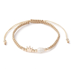 Crown Brass & Natural Pearl Braided Bead Bracelets, Adjustable Bracelet, Crown, Inner Diameter: 1-3/4~3-1/2 inch(4.6~8.8cm)
