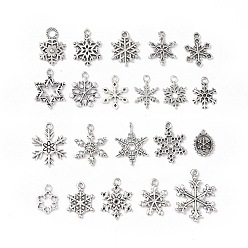 Antique Silver Tibetan Style Alloy Pendants, Christmas Theme, Snowflake Charms, Antique Silver, 19.5~28.5x15~22x2~2.5mm, Hole: 1~1.6mm, 20pcs/set