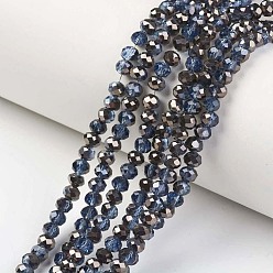 Marine Blue Electroplate Transparent Glass Beads Strands, Half Black Plated, Faceted, Rondelle, Marine Blue, 4x3mm, Hole: 0.4mm, about 123~127pcs/strand, 16.5~16.9 inch(42~43cm)