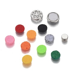 Mixed Color 304 Stainless Steel Diffuser Locket Clips, with Perfume Pad, Magnet and Aroma Box, Flat Round with Flower, Mixed Color, 12x4.5mm