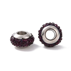 Indigo Rondelle 304 Stainless Steel Polymer Clay Rhinestone European Beads, with Double Side Platinum Color Core, Stainless Steel Color, Indigo, 10x6mm, Hole: 4mm