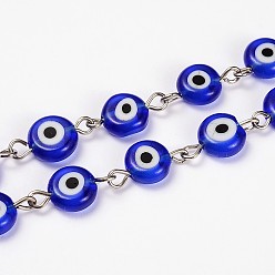 Blue Handmade Lampwork Flat Round Evil Eye Beads Chains for Necklaces Bracelets Making, with Iron Eye Pin, Unwelded, Blue, 39.3 inch