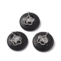 Lava Rock Natural Lava Rock Pendants, Flat Round Charms, with Platinum Tone Brass Flower with Butterfly Findings, Cadmium Free & Nickel Free & Lead Free, 30~35x28~32x10~10.5mm, Hole: 2mm