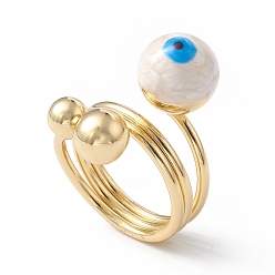 White Enamel Round with Evil Eye Finger Rings, Real 18K Gold Plated Brass Wrap Style Ring for Women, White, 5.5~19.5mm, Inner Diameter: 18mm