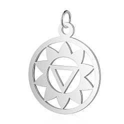 Stainless Steel Color 304 Stainless Steel Pendants, Chakra, Manipura, Flat Round with Flower, Stainless Steel Color, 22.5x19x1mm, Hole: 3mm