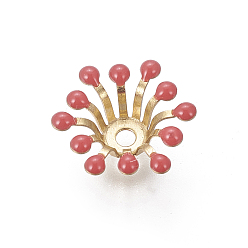 Pale Violet Red Brass Bead Caps, with Enamel, Flower, Golden, Pale Violet Red, 11~12x4mm, Hole: 1.6mm, Inner Diameter: 4mm