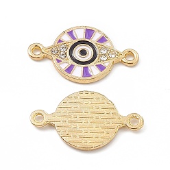 Púrpura Media Dijes de conector de diamantes de imitación de cristal de aleación, estilo esmalte, eslabones redondos planos con mal de ojo, la luz de oro, púrpura medio, 13x23x1.5 mm, agujero: 1.4 mm