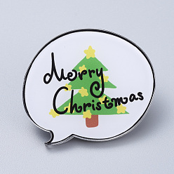 White Acrylic Safety Brooches, with Iron Pin, For Christmas, Flat Round with Christmas Tree & Word Merry Christmas, White, 40x34x7mm, Pin:0.8mm
