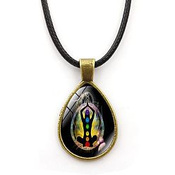Black Yoga Theme Alloy Teardrop Pendant Necklace with Wax Rope for Women, Black, 16.93 inch(43cm)