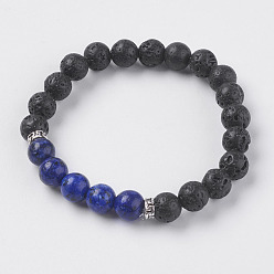 Lapis Lazuli Natural Lava Rock and Natural Lapis Lazuli Beads Stretch Bracelets, with Alloy Findings, 2 inch(52mm)