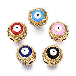 Mixed Color Brass Micro Pave Cubic Zirconia Beads, with Enamel, Real 18K Gold Plated, Round with Evil Eye, Nickel Free, Mixed Color, 10mm, Hole: 2mm