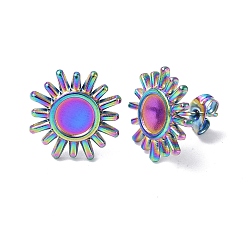 Rainbow Color Ion Plating(IP) 304 Stainless Steel Stud Earring Findings, Sun with Round Tray Earring Settings, with Ear Nuts, Rainbow Color, Tray: 6mm, 14.5mm, Pin: 0.7mm