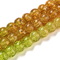 Vert Jaune Peint à la bombe verre craquelé perles brins, dégradé de couleur, perles multicolores segmentées, ronde, vert jaune, 6mm, Trou: 1mm, Environ 60 pcs/chapelet, 14.96~15.04 pouce (38~38.2 cm)