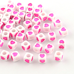 Pourpre Perles européennes opaques acrylique, grandes perles de cube de trous, avec un motif de coeur, fuchsia, 7x7x7mm, trou: 4 mm, environ 1900 pcs / 500 g