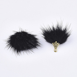 Black Faux Mink Fur Tassel Pendant Decorations, with Alloy Findings, Antique Golden, Black, 20~30x28~30mm, Hole: 1.8mm