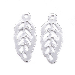 Silver 304 Stainless Steel Pendants, Leaf Charms, Silver Color Plated, 13x6x0.5mm, Hole: 1mm