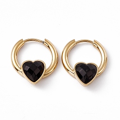 Black Cubic Zirconia Heart Hoop Earrings, Golden 304 Stainless Steel Jewelry for Women, Black, 19.5x17x6mm, Pin: 1mm