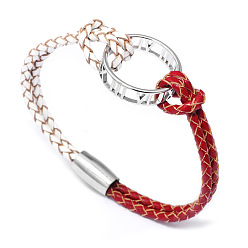 Red Alloy Ring Links Bracelets, with Leather Cord and Alloy Magnetic Clasps, Platinum, Red, 7-1/2 inch(19cm)