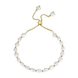 Chapado en Oro Real de 14K Pulseras de perlas naturales de agua dulce, con pulseras deslizantes ajustables de plata de ley para mujer, real 925 k chapado en oro, 14 pulgada (10-1/4~11 cm)