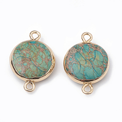 Sky Blue Electroplate Natural Regalite/Imperial Jasper/Sea Sediment Jasper Links connectors, with Alloy Findings, Flat Round, Sky Blue, 24~25x16~18x5.5~6.5mm, Hole: 2mm