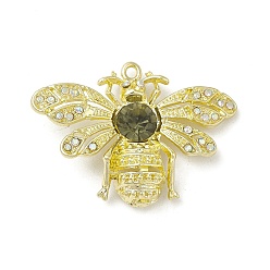 Oro Colgantes de vidrio de aleación de chapado en rack, con diamante de imitación, abejas, dorado, 26x36.5x7 mm, agujero: 1.6 mm