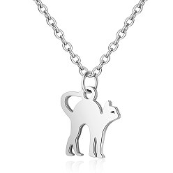 Stainless Steel Color 201 Stainless Steel Kitten Pendants Necklaces, Stretching Cat, Stainless Steel Color, 16.3 inch(40cm)x1mm