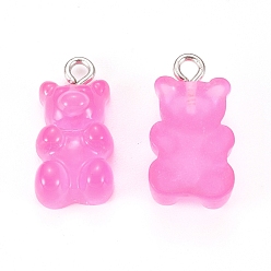 Orchid Resin Pendants, with Platinum Plated Iron Findings, Bear, Imitation Jelly, Two Tone, Orchid, 20.5x10.5x6.5mm, Hole: 2mm