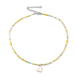 Colorful Alloy Enamel Heart Charm Necklace, Glass Seed Beaded Necklace for Women, Colorful, 17.13 inch(43.5cm)