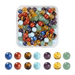 Mixed Color 100 Pcs 7 Colors Chakra Yoga Healing Stone Kits, Natural Amethyst & Lapis Lazuli & Turquoise & Green Aventurine & Tiger Eye & Citrine & Red Jasper Beads, Round, Mixed Color, 8mm, Hole: 1mm