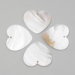 Ivoire Pendentifs de coquillages d'eau douce, cœur, blanc crème, 41~43x45x1.5~2mm, Trou: 2mm